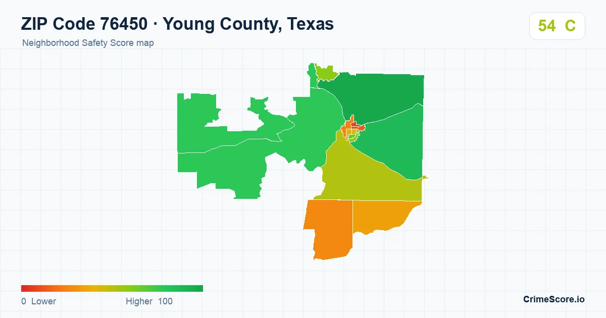 ZIP Code 76450 in Young County, Texas neighborhood Safety Score map