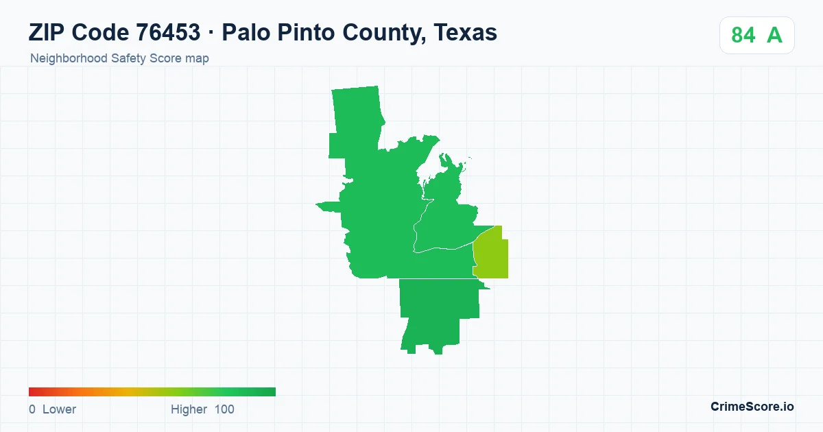 ZIP Code 76453 in Palo Pinto County, Texas neighborhood Safety Score map