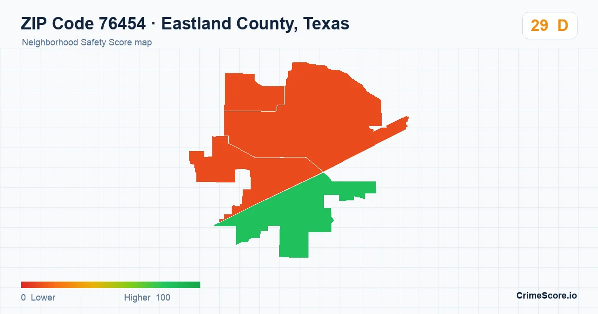 ZIP Code 76454 in Eastland County, Texas neighborhood Safety Score map