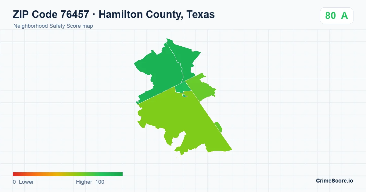 ZIP Code 76457 in Hamilton County, Texas neighborhood Safety Score map