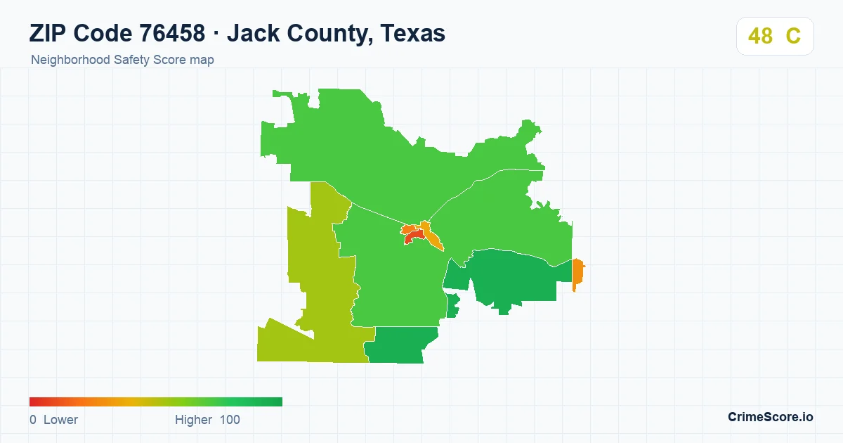 ZIP Code 76458 in Jack County, Texas neighborhood Safety Score map