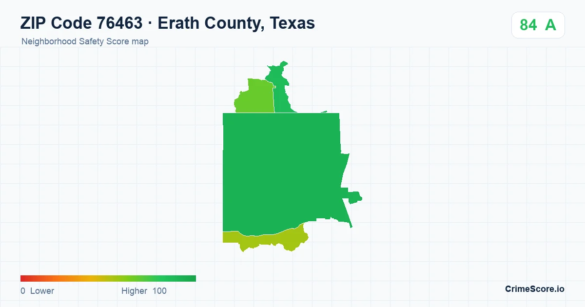 ZIP Code 76463 in Erath County, Texas neighborhood Safety Score map