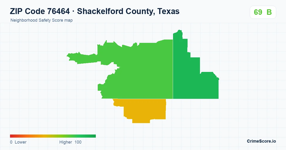 ZIP Code 76464 in Shackelford County, Texas neighborhood Safety Score map