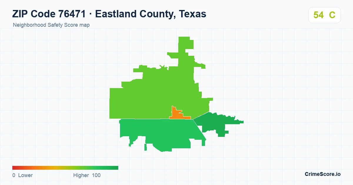 ZIP Code 76471 in Eastland County, Texas neighborhood Safety Score map
