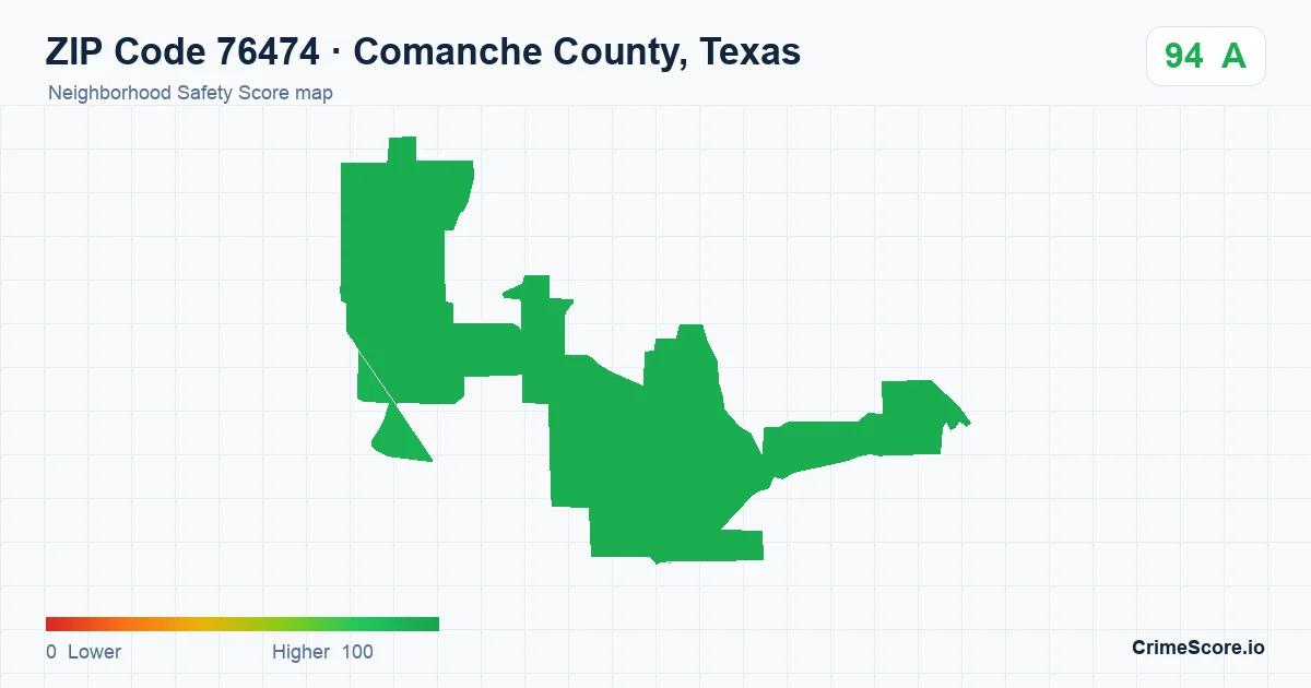 ZIP Code 76474 in Comanche County, Texas neighborhood Safety Score map