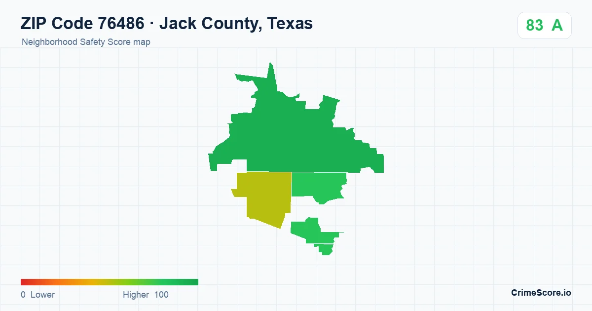 ZIP Code 76486 in Jack County, Texas neighborhood Safety Score map