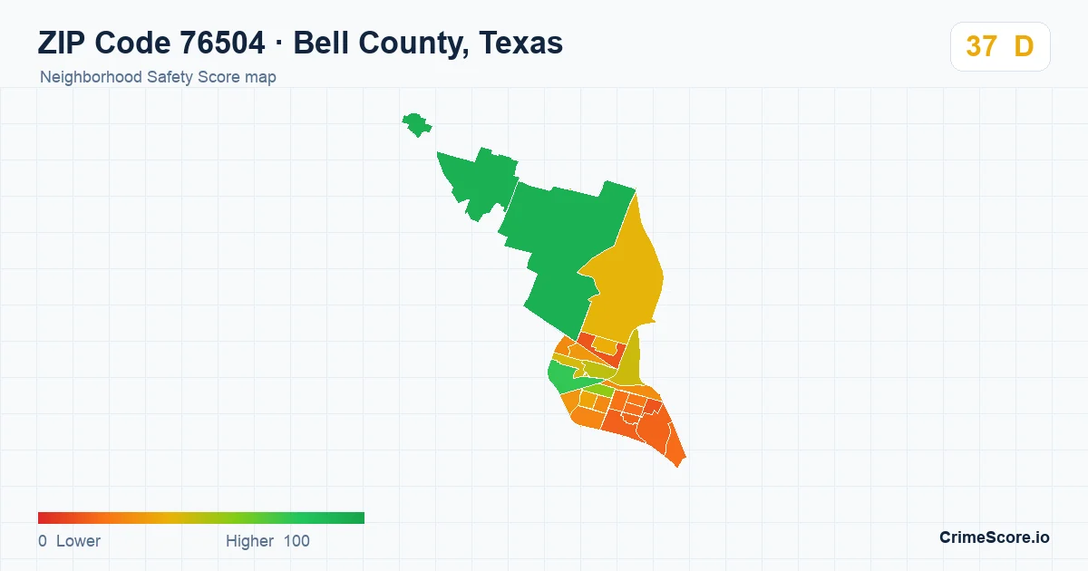 ZIP Code 76504 in Bell County, Texas neighborhood Safety Score map