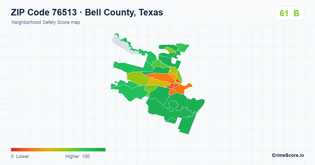 ZIP Code 76513 in Bell County, Texas neighborhood Safety Score map