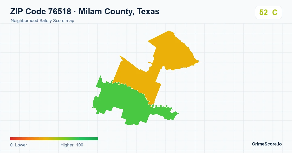 ZIP Code 76518 in Milam County, Texas neighborhood Safety Score map