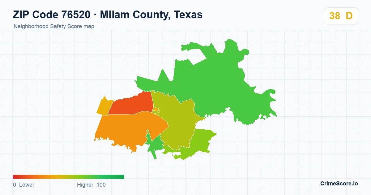 ZIP Code 76520 in Milam County, Texas neighborhood Safety Score map