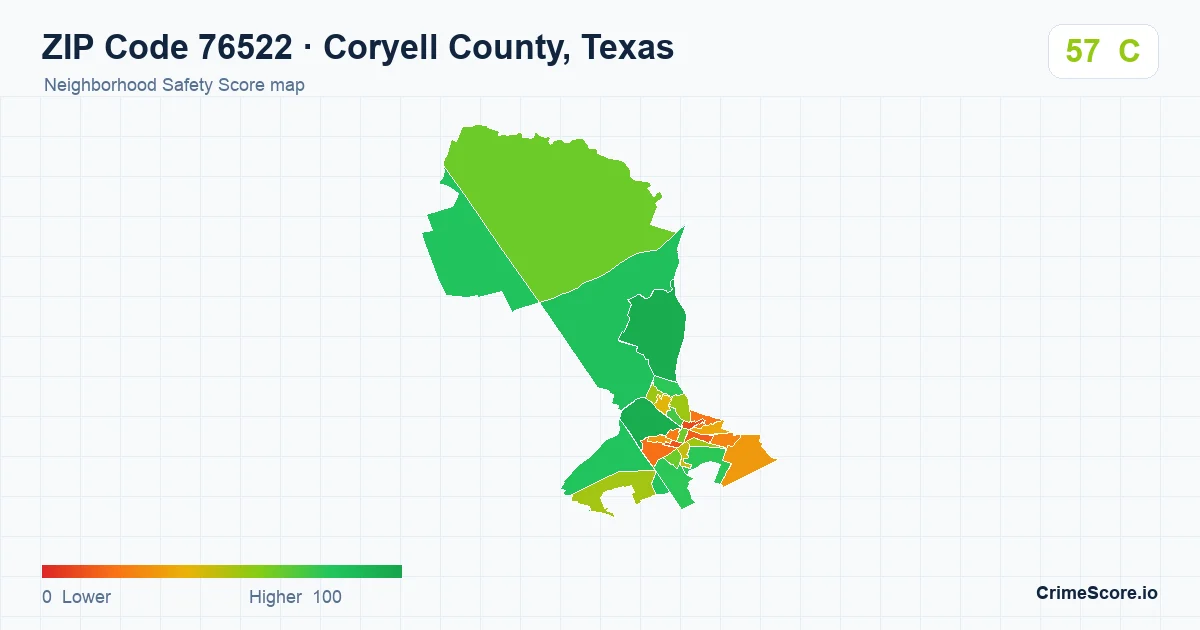 ZIP Code 76522 in Coryell County, Texas neighborhood Safety Score map