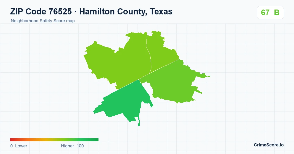 ZIP Code 76525 in Hamilton County, Texas neighborhood Safety Score map