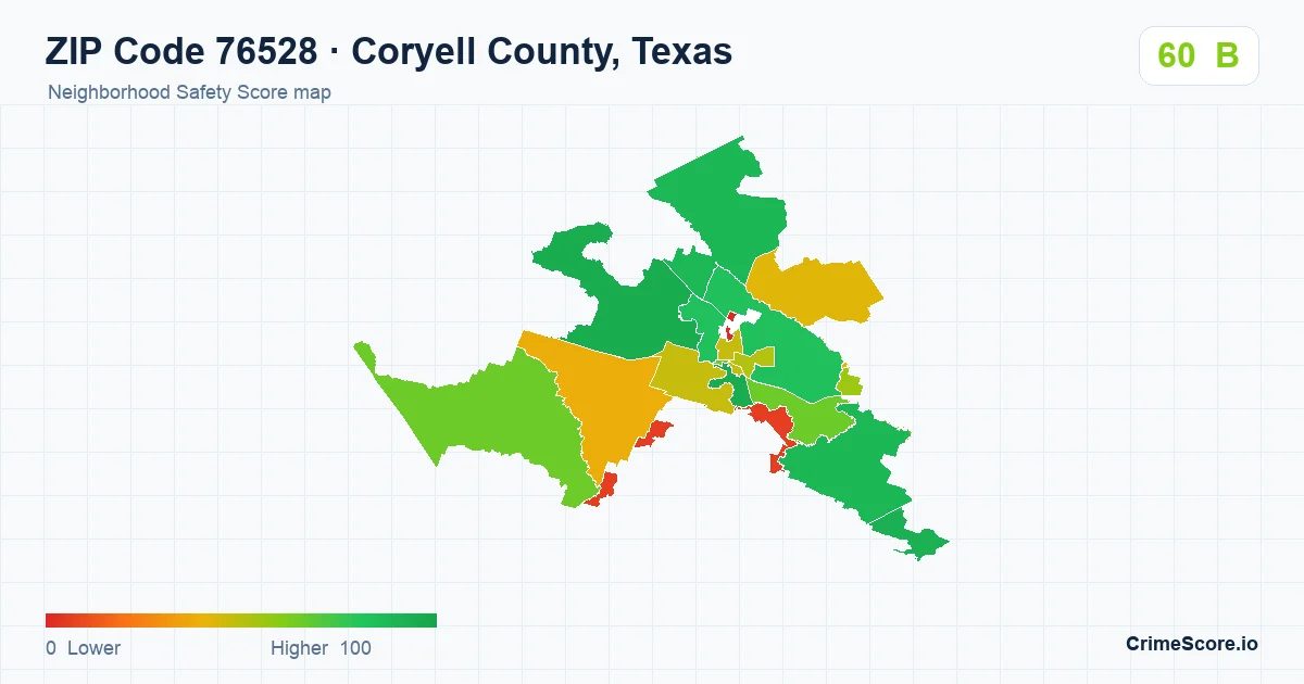 ZIP Code 76528 in Coryell County, Texas neighborhood Safety Score map