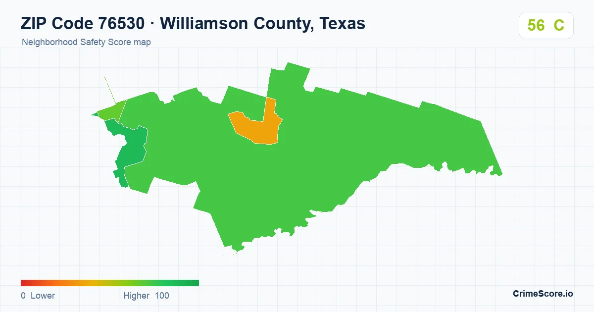ZIP Code 76530 in Williamson County, Texas neighborhood Safety Score map