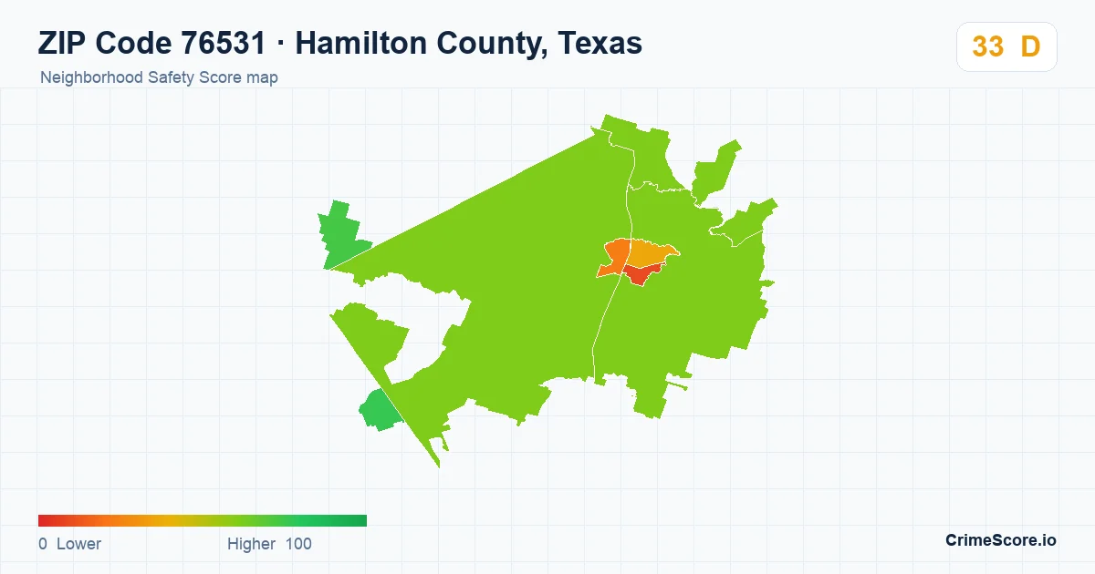 ZIP Code 76531 in Hamilton County, Texas neighborhood Safety Score map