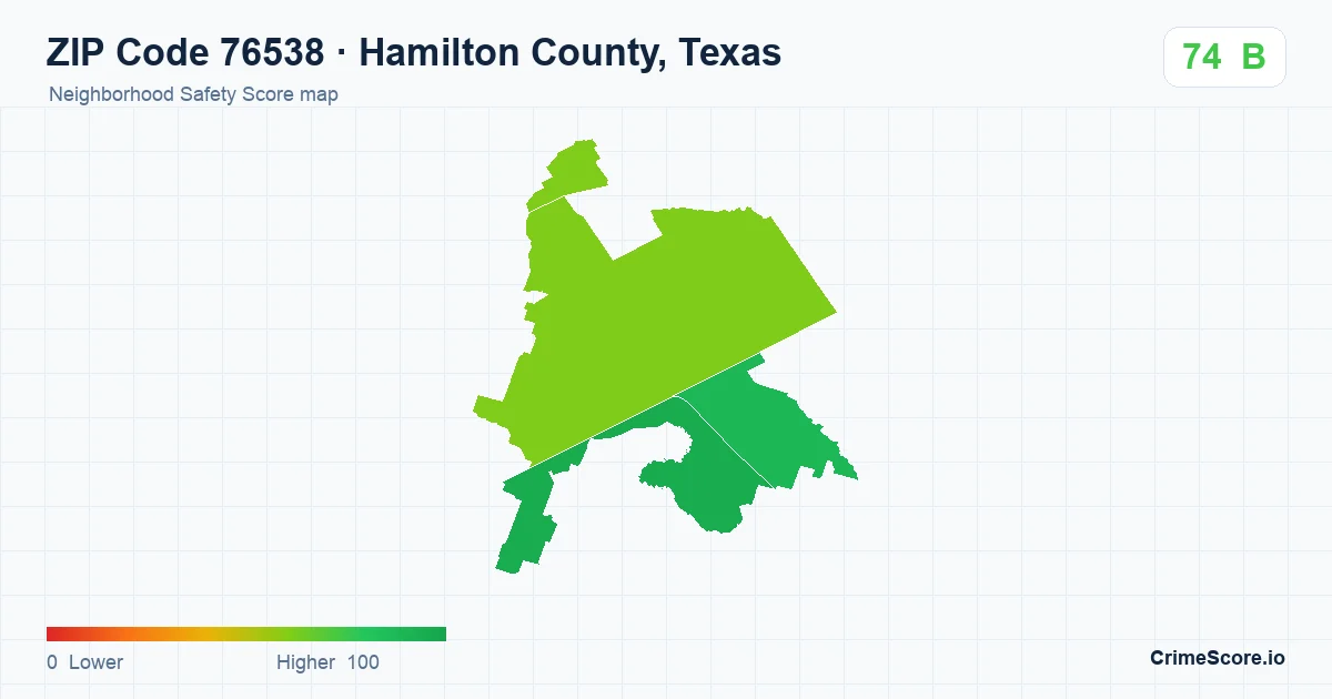 ZIP Code 76538 in Hamilton County, Texas neighborhood Safety Score map