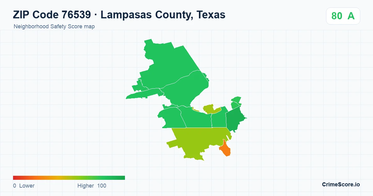 ZIP Code 76539 in Lampasas County, Texas neighborhood Safety Score map