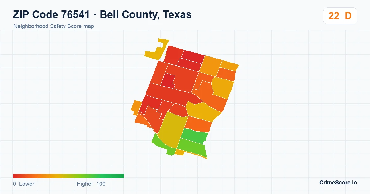 ZIP Code 76541 in Bell County, Texas neighborhood Safety Score map