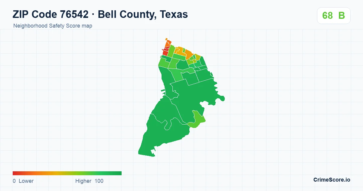 ZIP Code 76542 in Bell County, Texas neighborhood Safety Score map