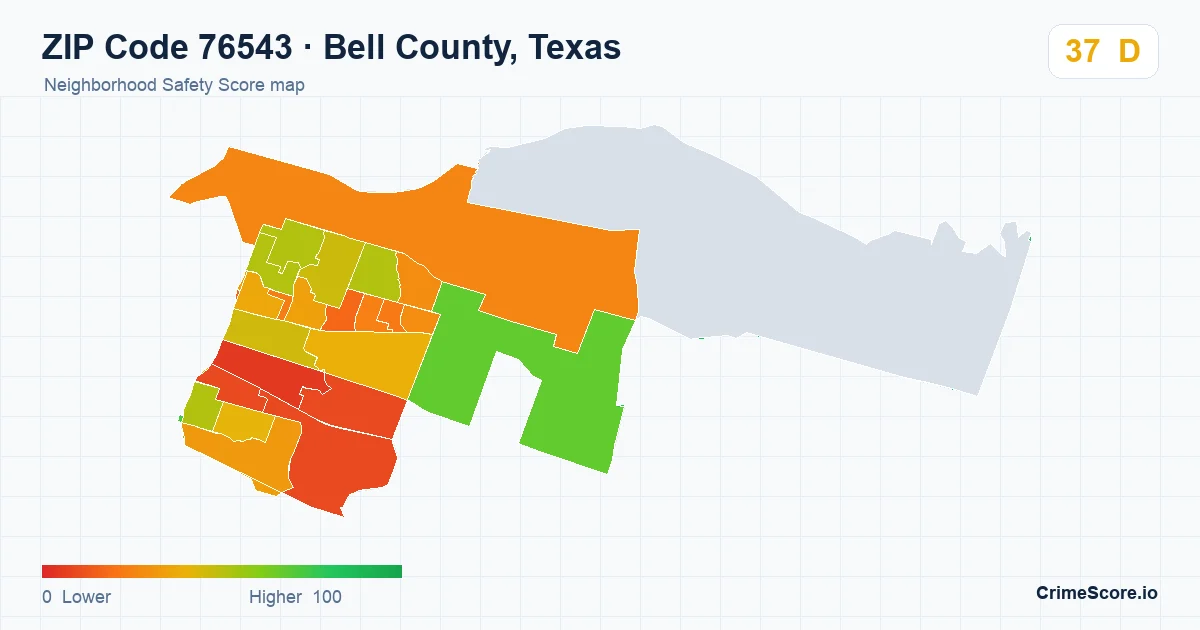 ZIP Code 76543 in Bell County, Texas neighborhood Safety Score map