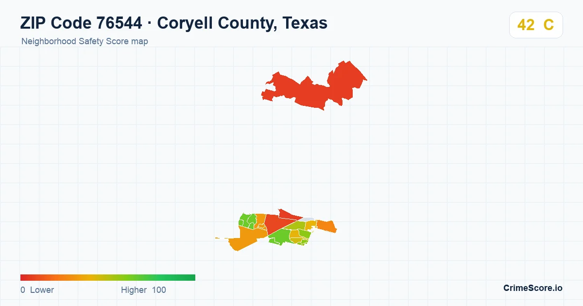 ZIP Code 76544 in Coryell County, Texas neighborhood Safety Score map