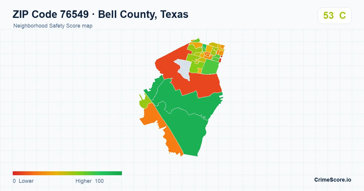 ZIP Code 76549 in Bell County, Texas neighborhood Safety Score map