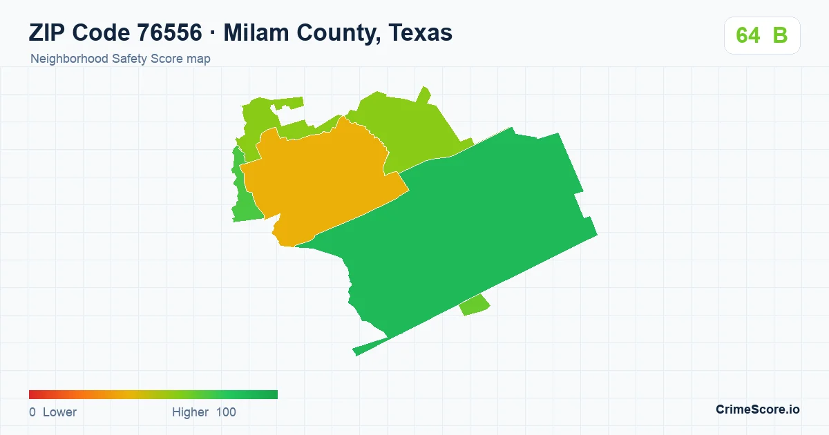 ZIP Code 76556 in Milam County, Texas neighborhood Safety Score map