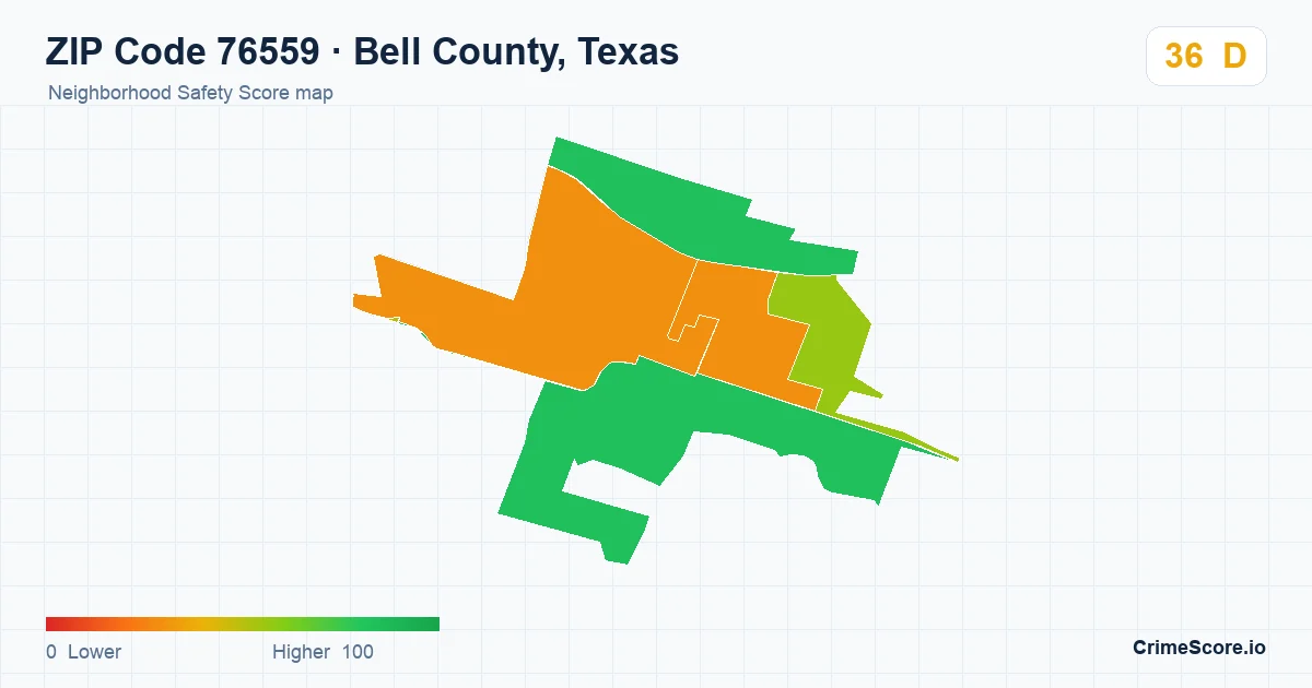 ZIP Code 76559 in Bell County, Texas neighborhood Safety Score map