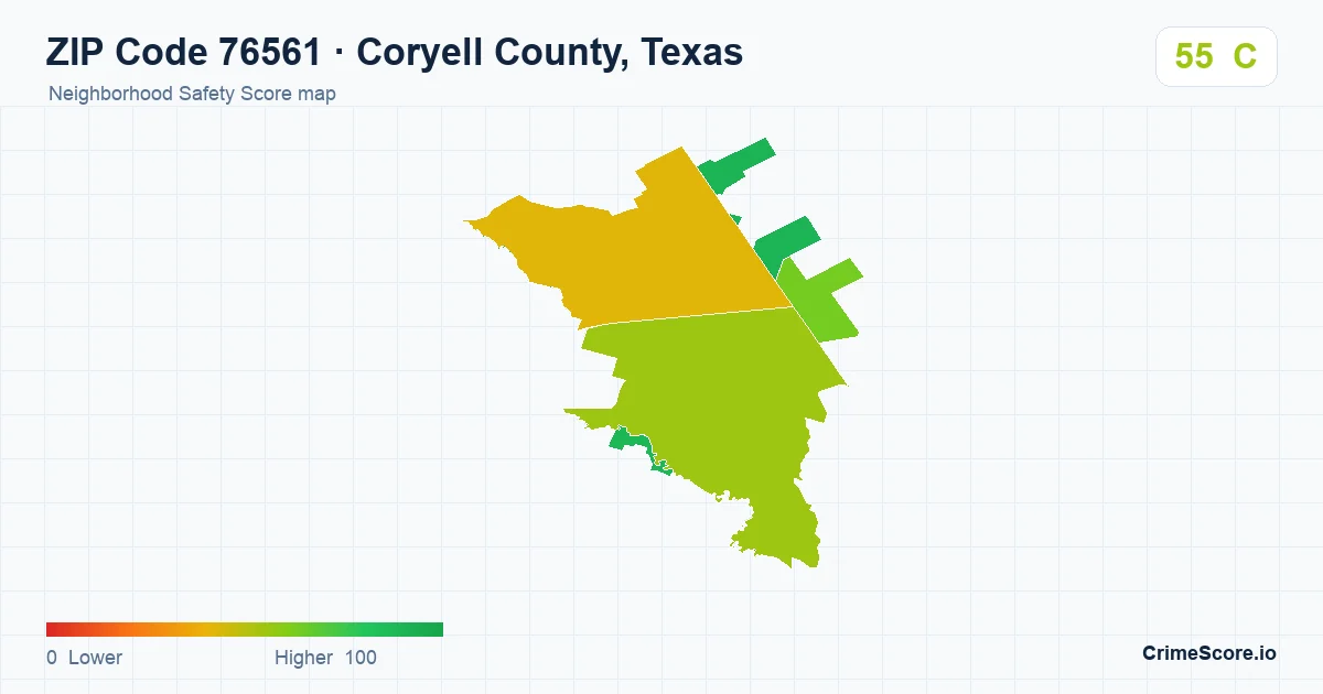 ZIP Code 76561 in Coryell County, Texas neighborhood Safety Score map