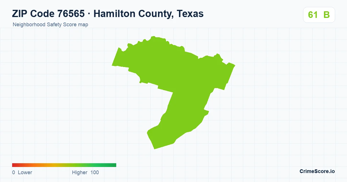ZIP Code 76565 in Hamilton County, Texas neighborhood Safety Score map