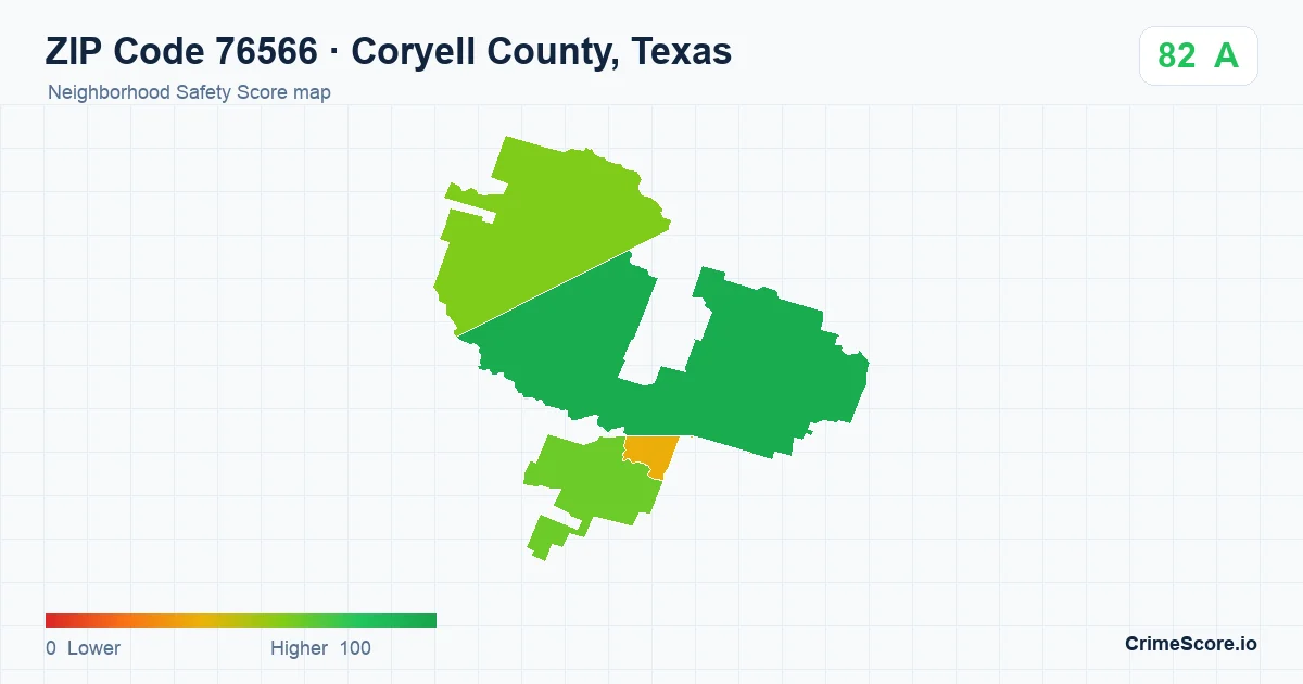ZIP Code 76566 in Coryell County, Texas neighborhood Safety Score map