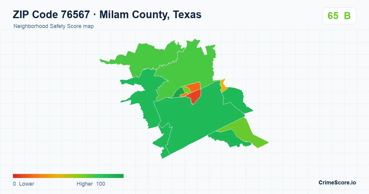 ZIP Code 76567 in Milam County, Texas neighborhood Safety Score map