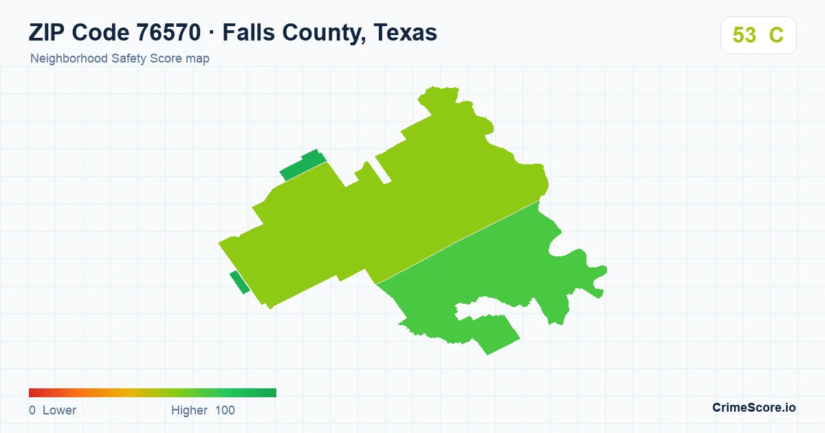 ZIP Code 76570 in Falls County, Texas neighborhood Safety Score map
