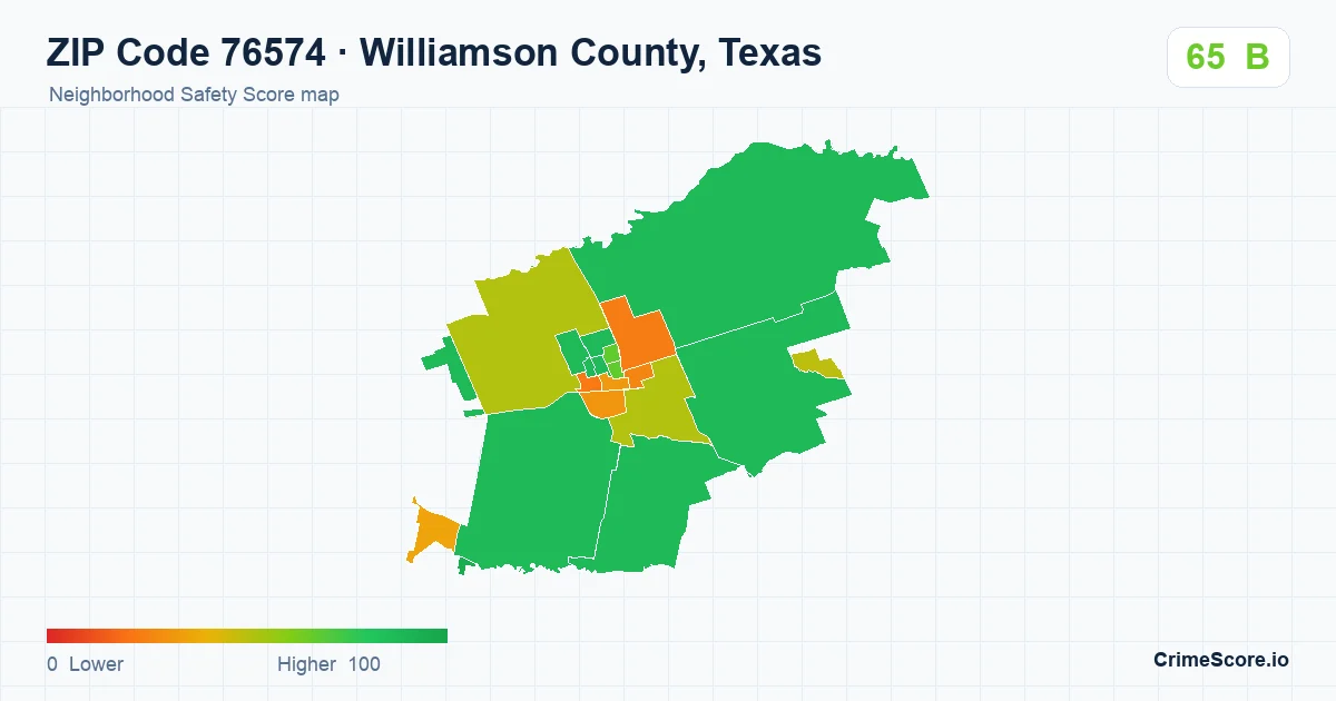 ZIP Code 76574 in Williamson County, Texas neighborhood Safety Score map