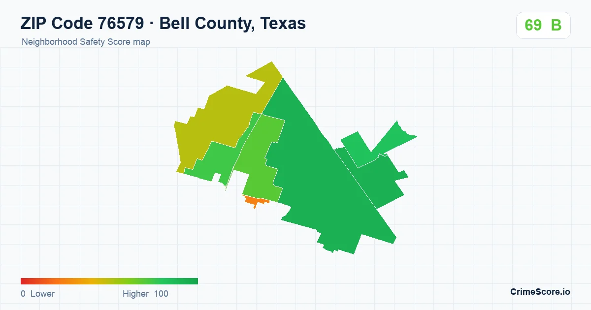 ZIP Code 76579 in Bell County, Texas neighborhood Safety Score map