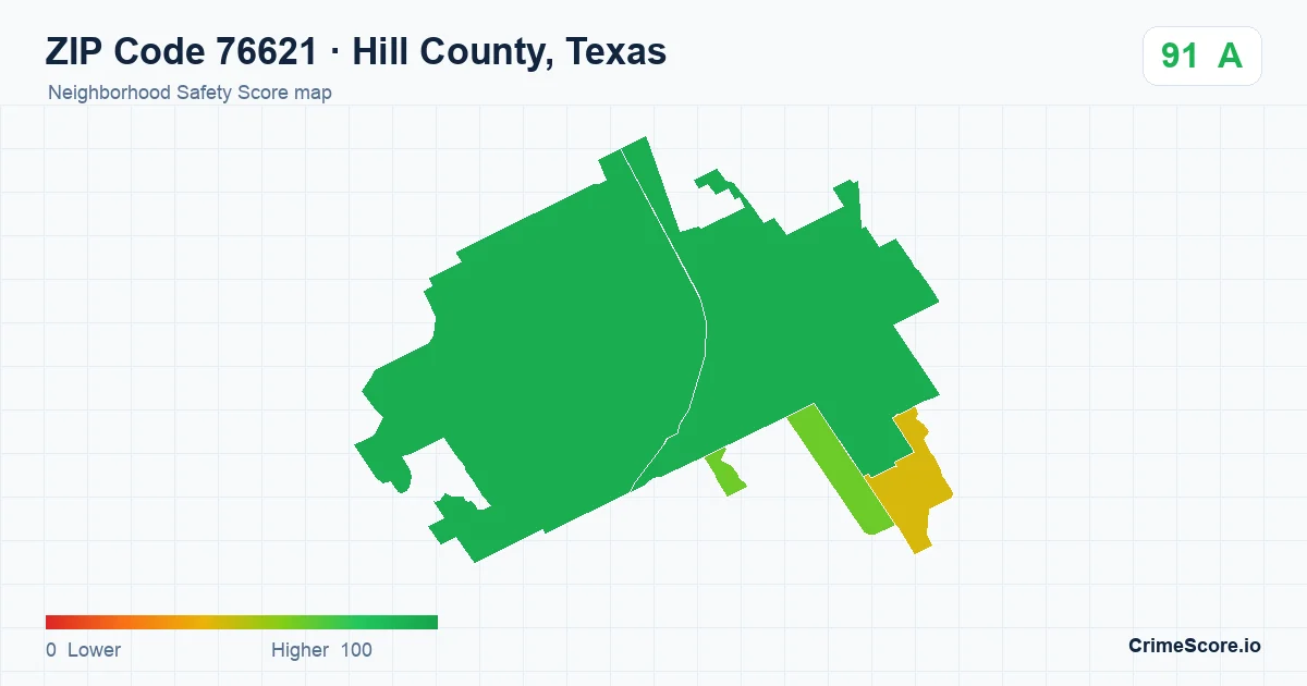 ZIP Code 76621 in Hill County, Texas neighborhood Safety Score map