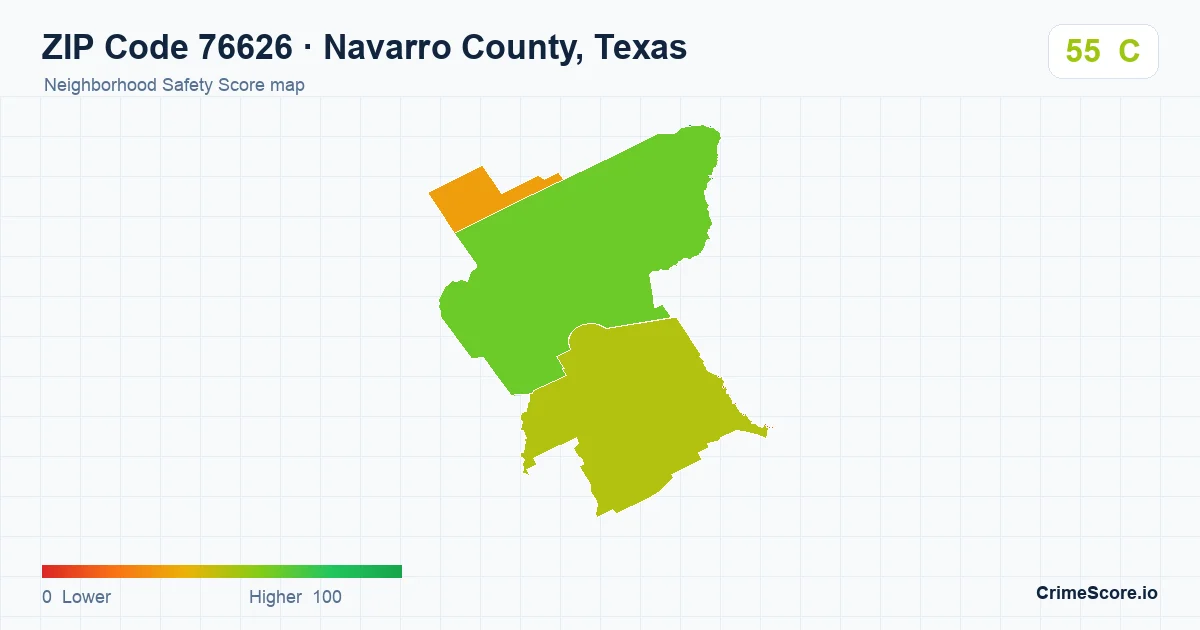ZIP Code 76626 in Navarro County, Texas neighborhood Safety Score map