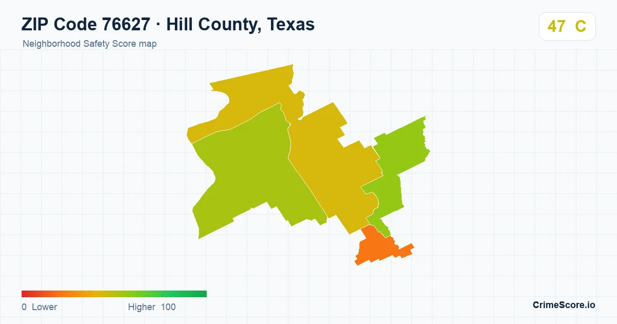 ZIP Code 76627 in Hill County, Texas neighborhood Safety Score map