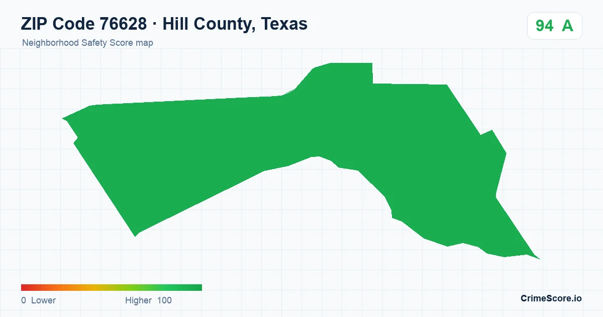 ZIP Code 76628 in Hill County, Texas neighborhood Safety Score map