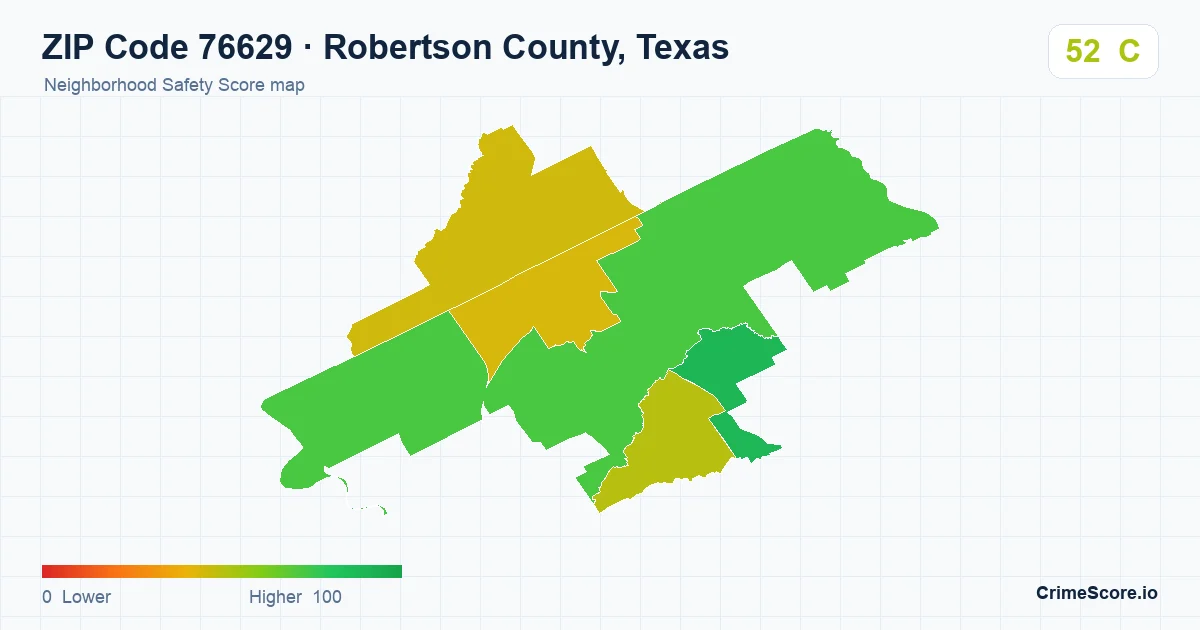 ZIP Code 76629 in Robertson County, Texas neighborhood Safety Score map