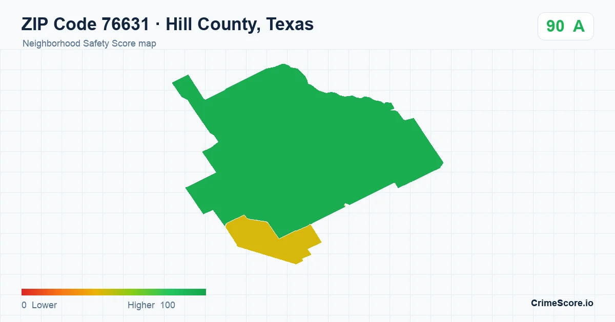 ZIP Code 76631 in Hill County, Texas neighborhood Safety Score map