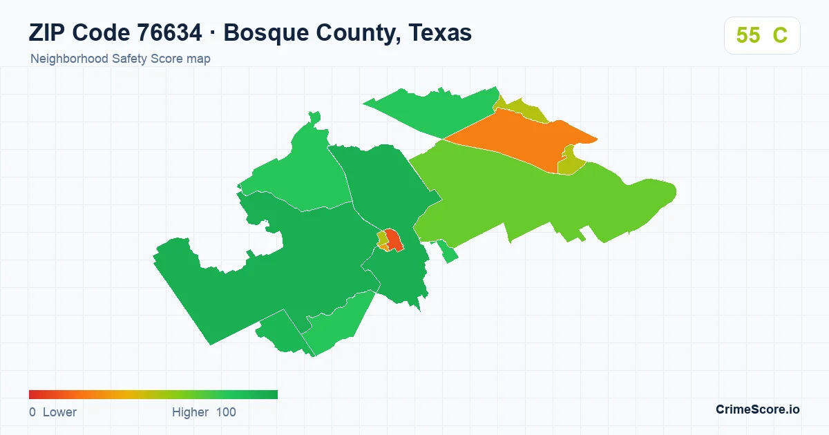 ZIP Code 76634 in Bosque County, Texas neighborhood Safety Score map