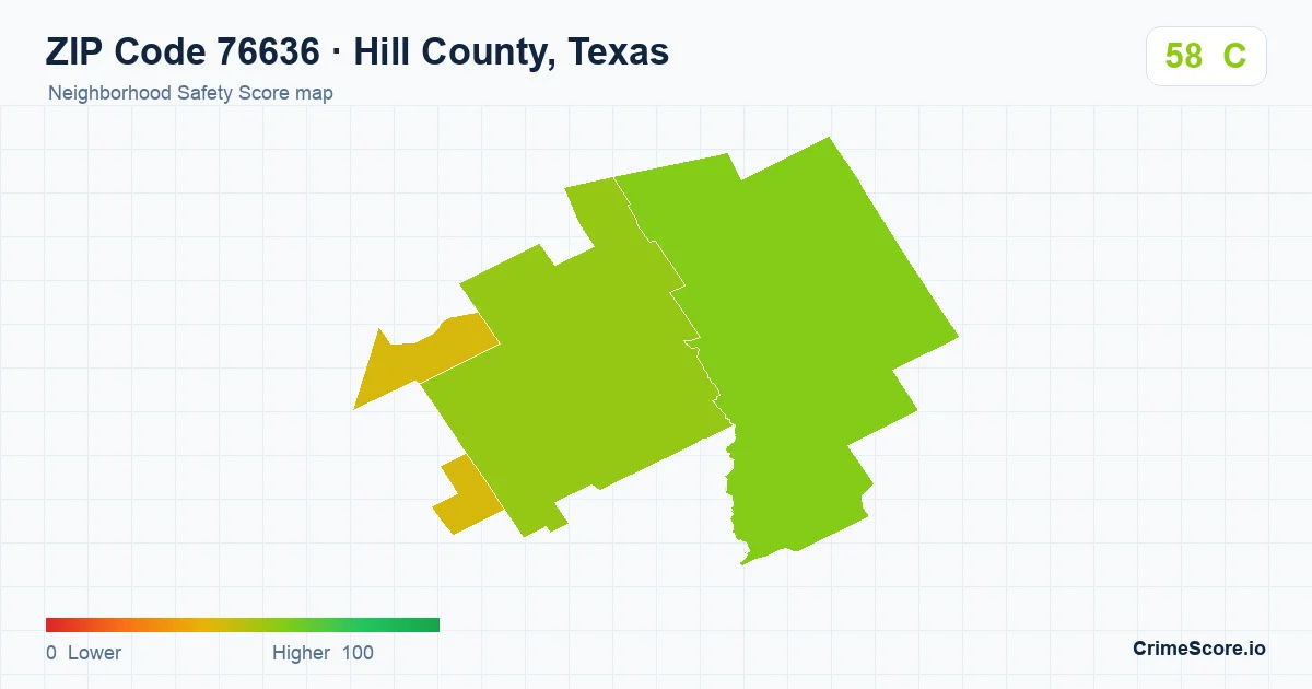 ZIP Code 76636 in Hill County, Texas neighborhood Safety Score map