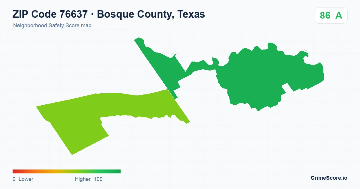 ZIP Code 76637 in Bosque County, Texas neighborhood Safety Score map