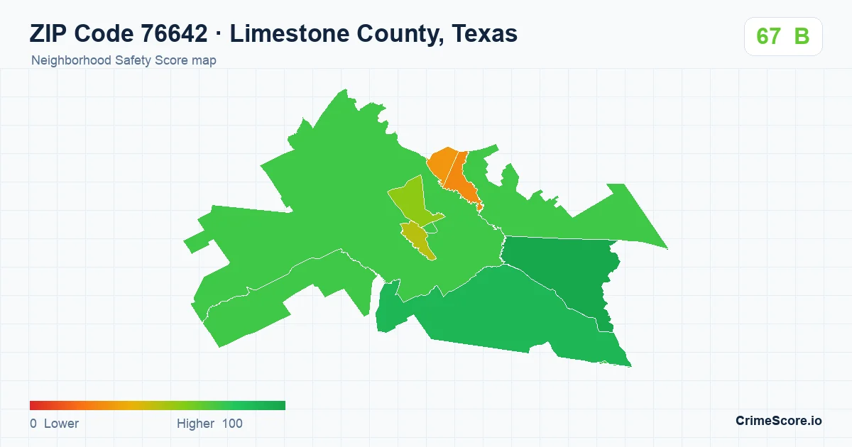 ZIP Code 76642 in Limestone County, Texas neighborhood Safety Score map