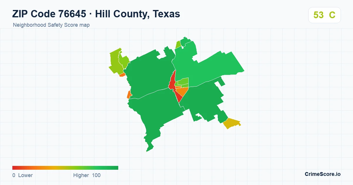 ZIP Code 76645 in Hill County, Texas neighborhood Safety Score map