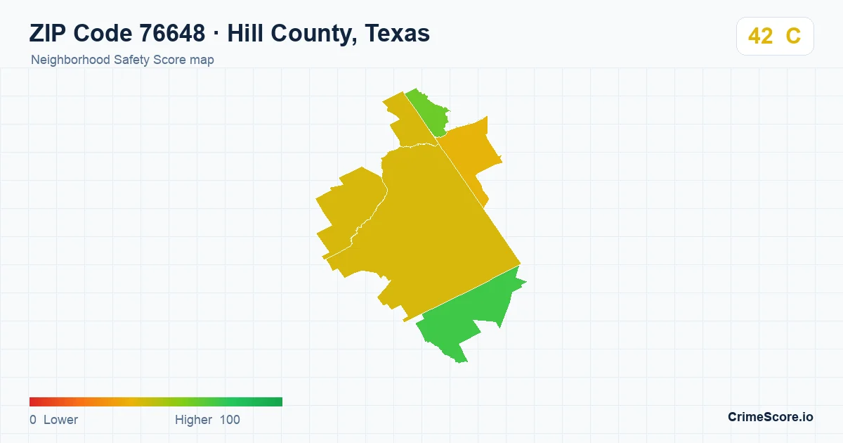 ZIP Code 76648 in Hill County, Texas neighborhood Safety Score map