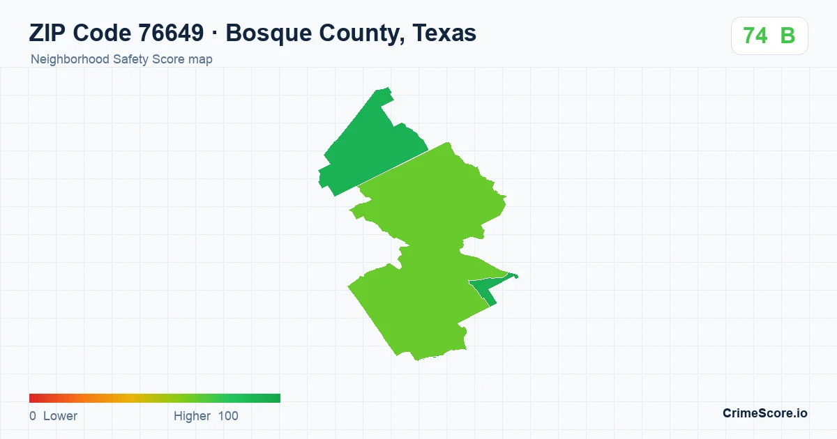 ZIP Code 76649 in Bosque County, Texas neighborhood Safety Score map
