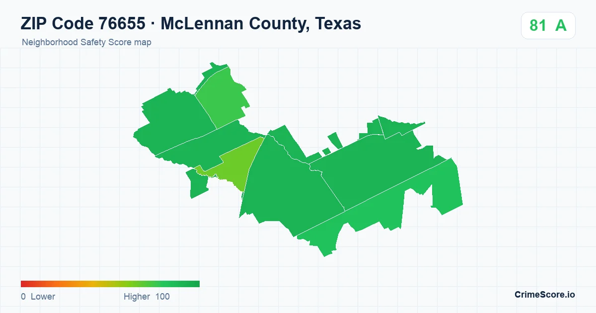 ZIP Code 76655 in McLennan County, Texas neighborhood Safety Score map