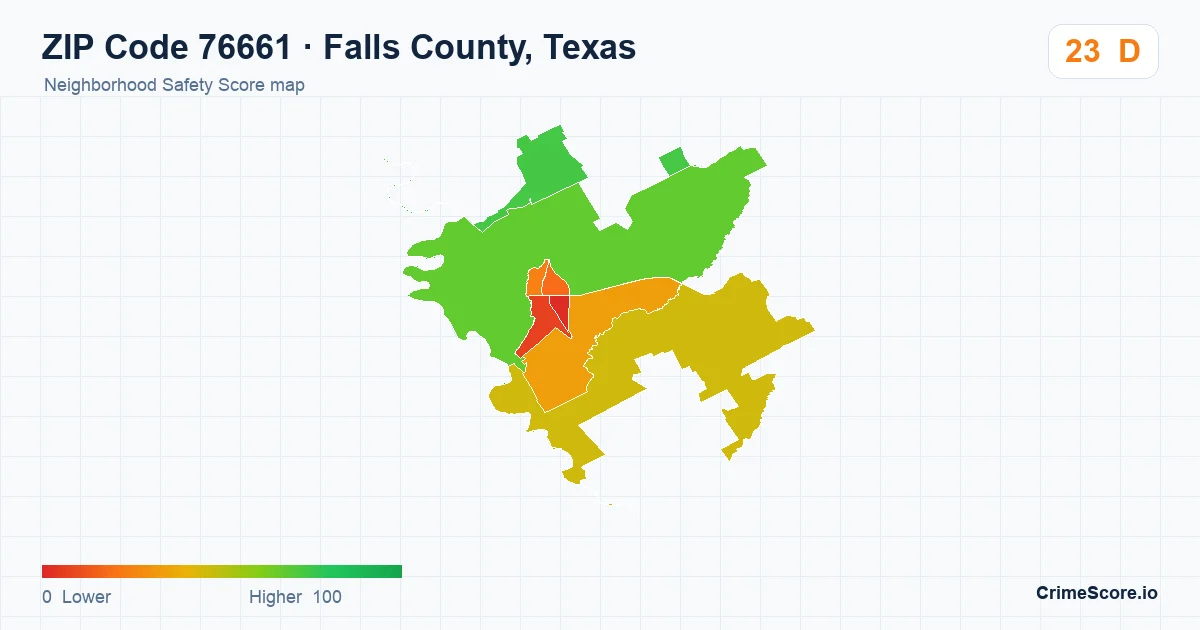 ZIP Code 76661 in Falls County, Texas neighborhood Safety Score map